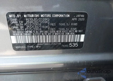 2020 Mitsubishi Eclipse Cross Es 1.5T Awc from USA, damaged, VIN JA4AT3AA0LZ042148